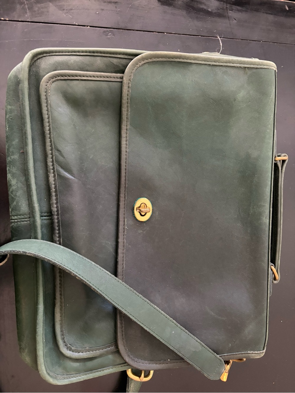 Coach Forest Green Leather Shoulder Bag with Gold-Tone Turn Lock